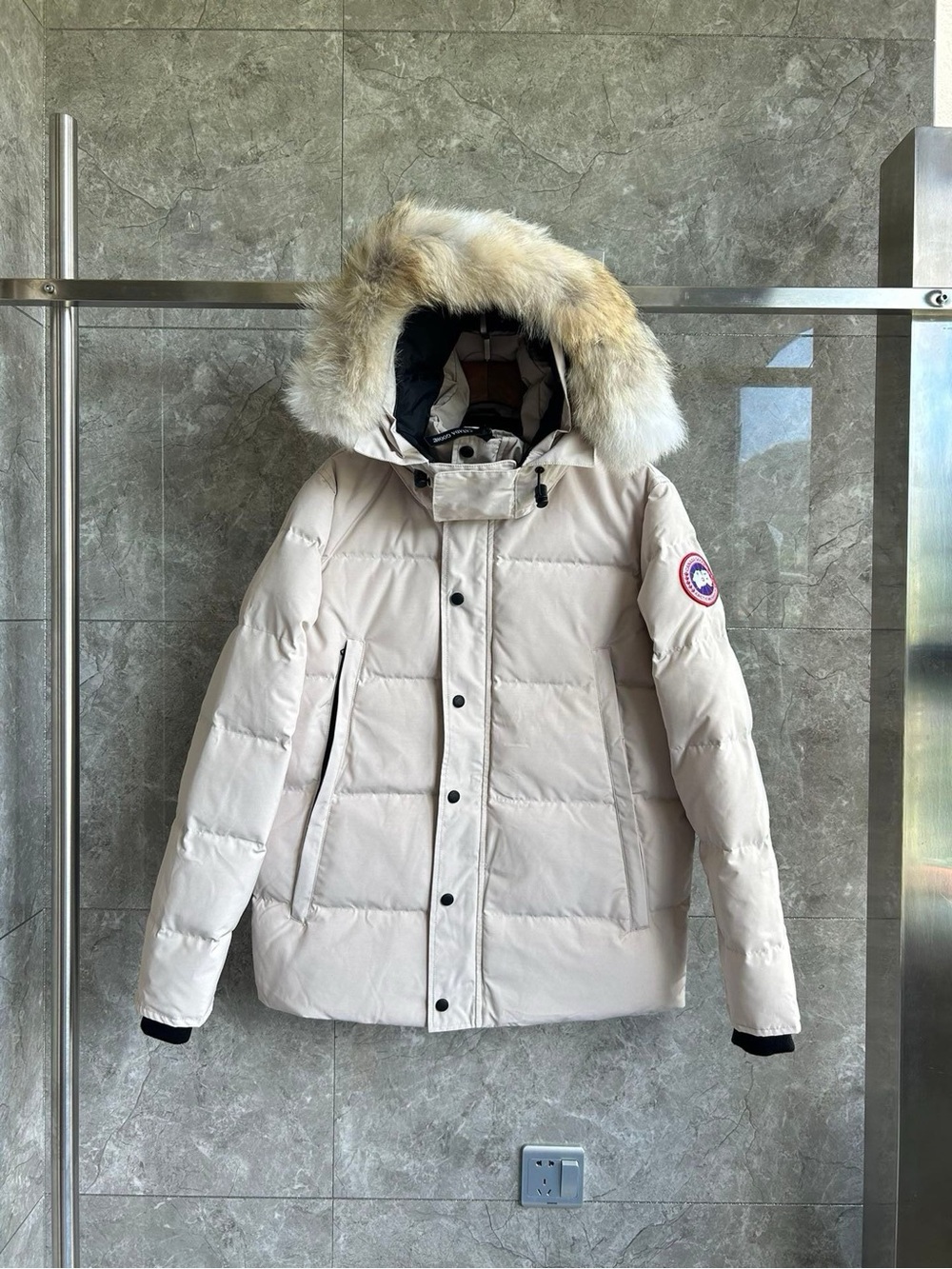 Womens Cream Puffer Parka with Fur-Trim Hood